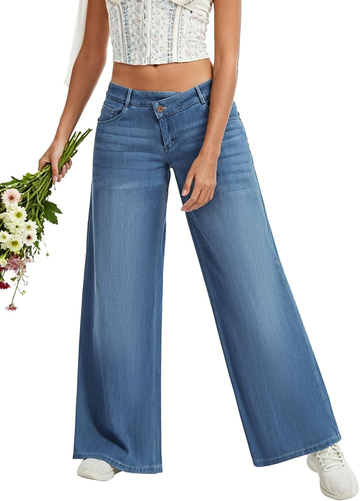 AIMILIA Women's Low Rise Wide Leg Jeans, Boyfriend Baggy Straight Leg Stretch Denim Pants, Crosso... | Amazon (US)