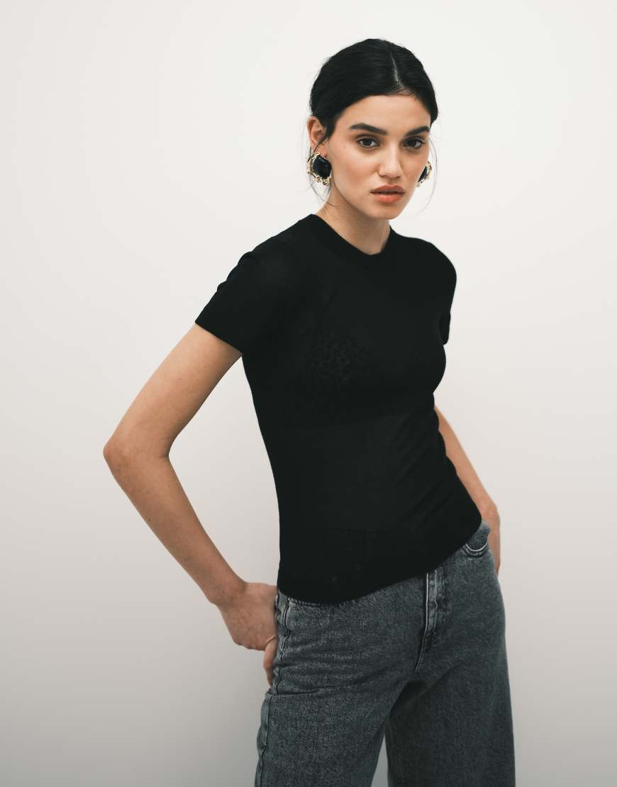 ASOS DESIGN sheer knitted second skin t-shirt in black | ASOS (Global)