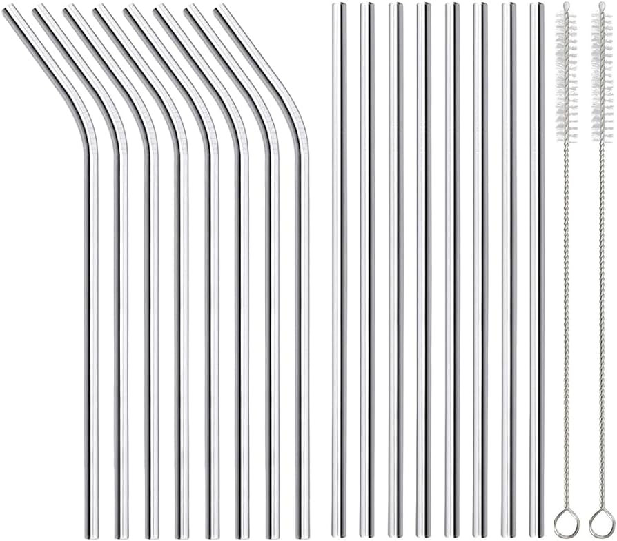 16 Pack of Reusable Stainless Steel Metal Straws, 8 Straight + 8 Bent 8.5 inch Metal Straws with ... | Amazon (US)