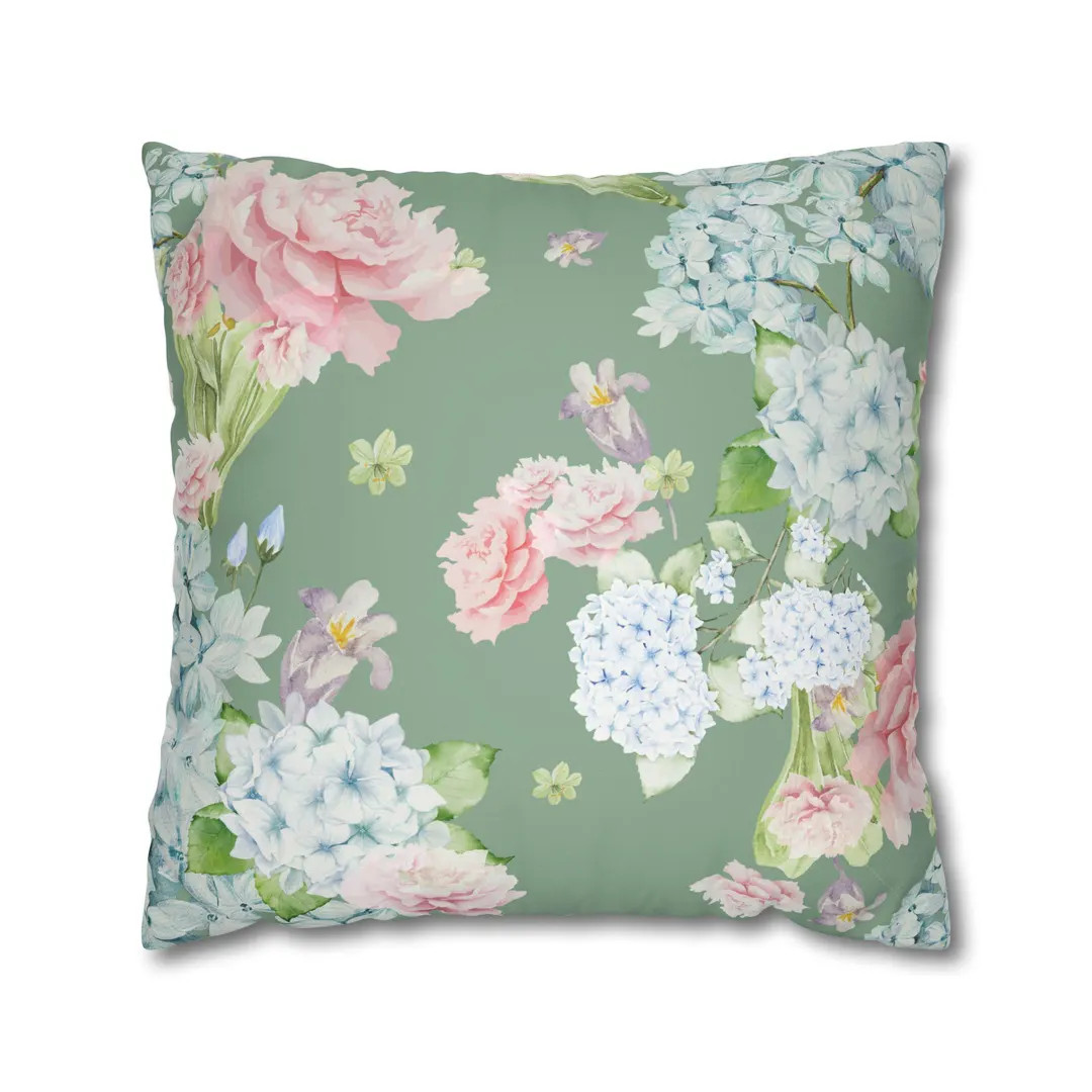 Sophie Floral Faux Suede Square Pillow Cover in Ava Green - Etsy | Etsy (US)