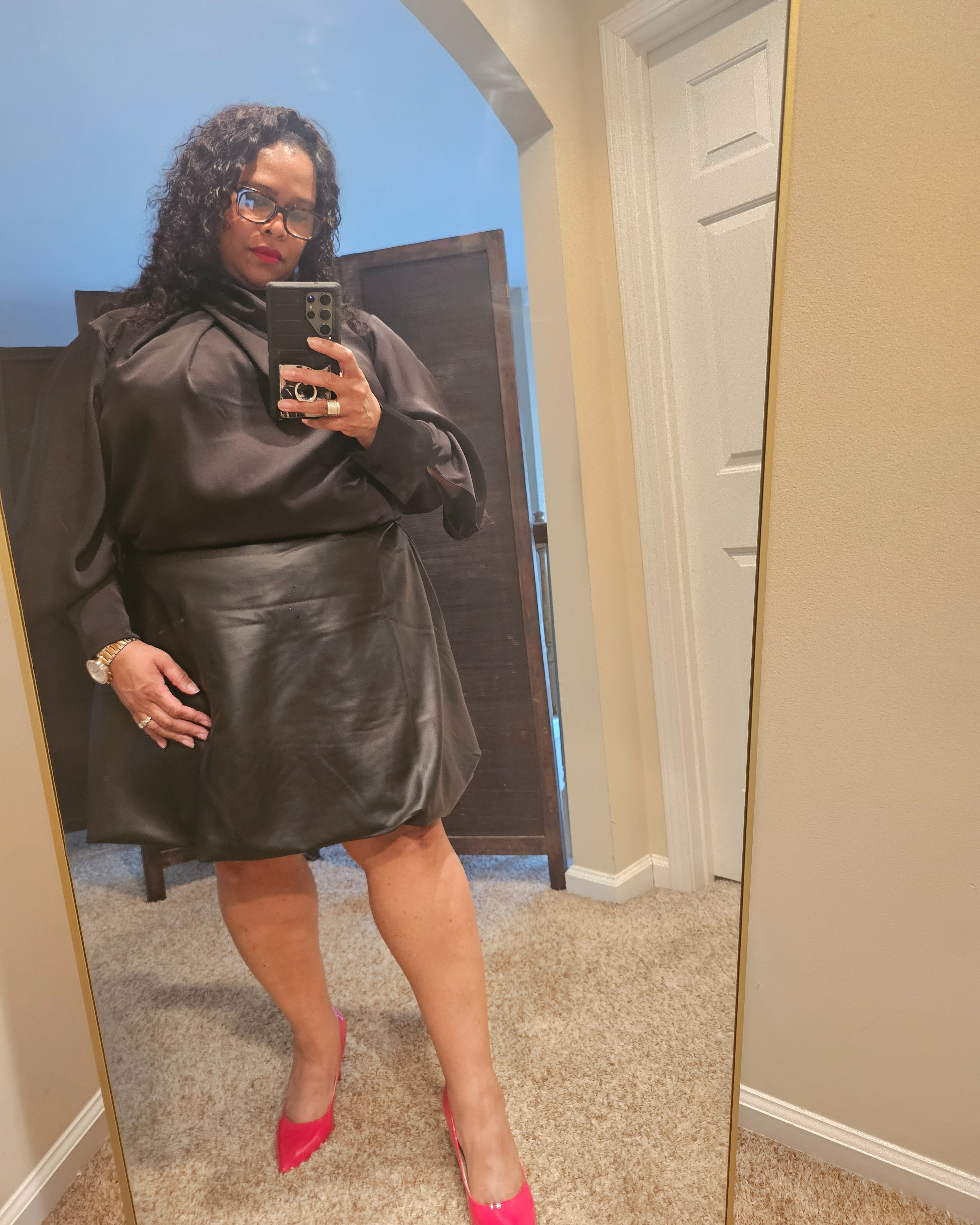 Black on Black with a pop of Red. I love all the draping detail of this top.  Also picked it up in Red.

#LTKStyleTip #LTKPlusSize #LTKOver40