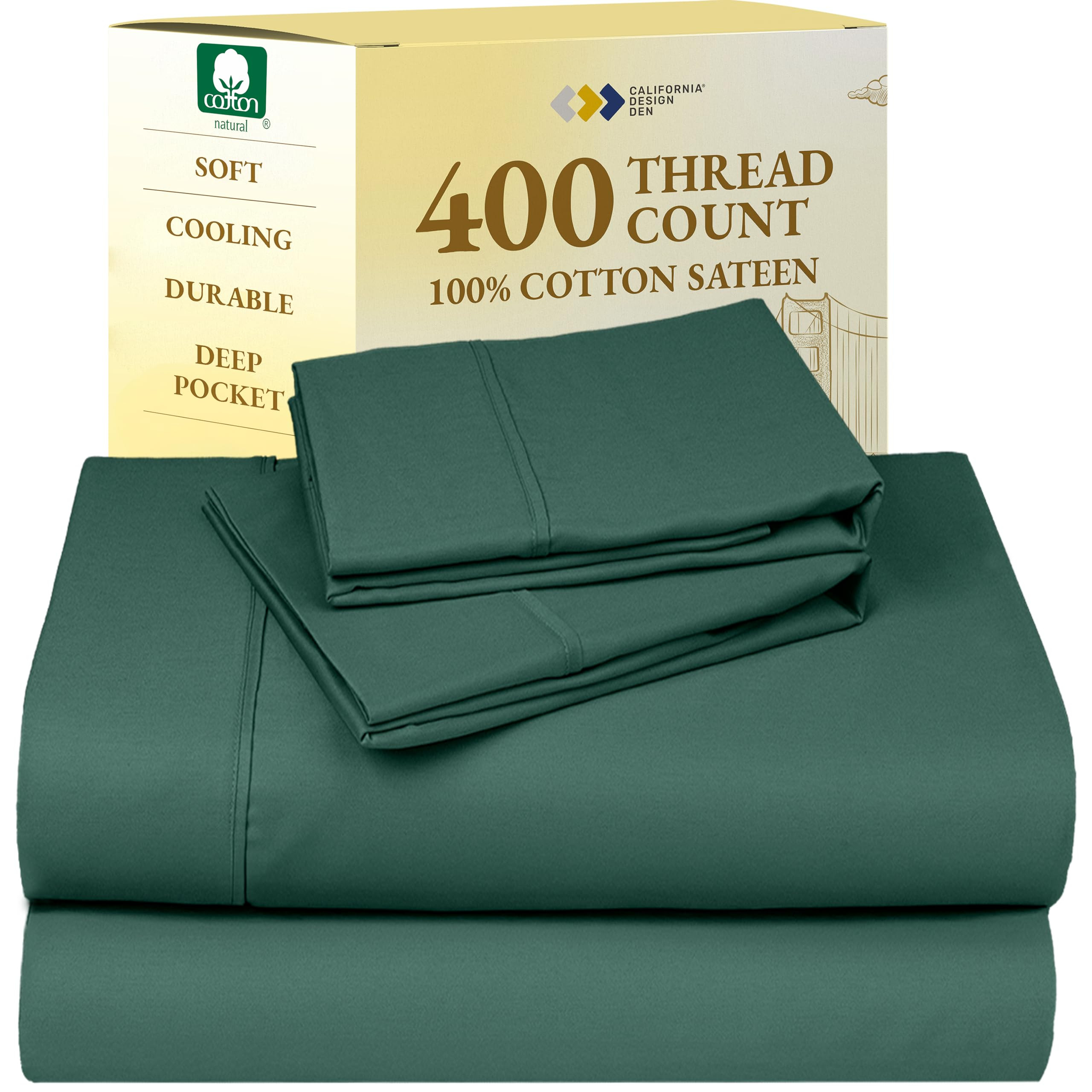 California Design Den Natural 100% Cotton Sheets, Soft Queen Sheet Set, 400 Thread Count Sateen, Deep Pockets with All-Around Elastic for a Snug Fit, Cool & Durable Bedding Set - Hunter Green | Amazon (US)