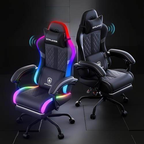 GTPLAYER RGB Gaming Chair with Speakers, Computer Gamer Chair with Footrest and LED Lights, PC Gamer Chairs for Adults, High Back Reclining Office Chairs, Linkage Armrest (Gray, with Speakers) | Amazon (US)