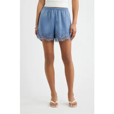 Open Edit Lace Trim Satin Shorts in Black at Nordstrom, Size Xx-Small | Nordstrom