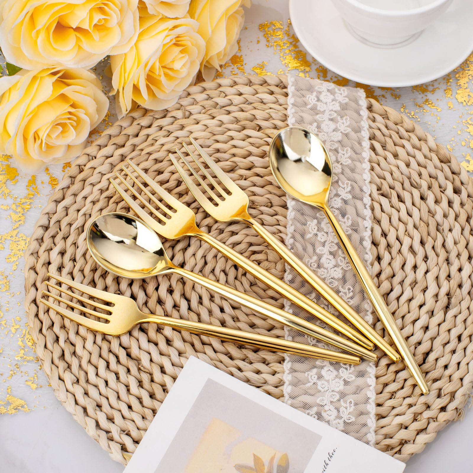 SUT 200PCS Gold Plastic Forks and Spoons Heavy Duty Set, Gold Disposable Silverware, gold Cutlery... | Amazon (US)