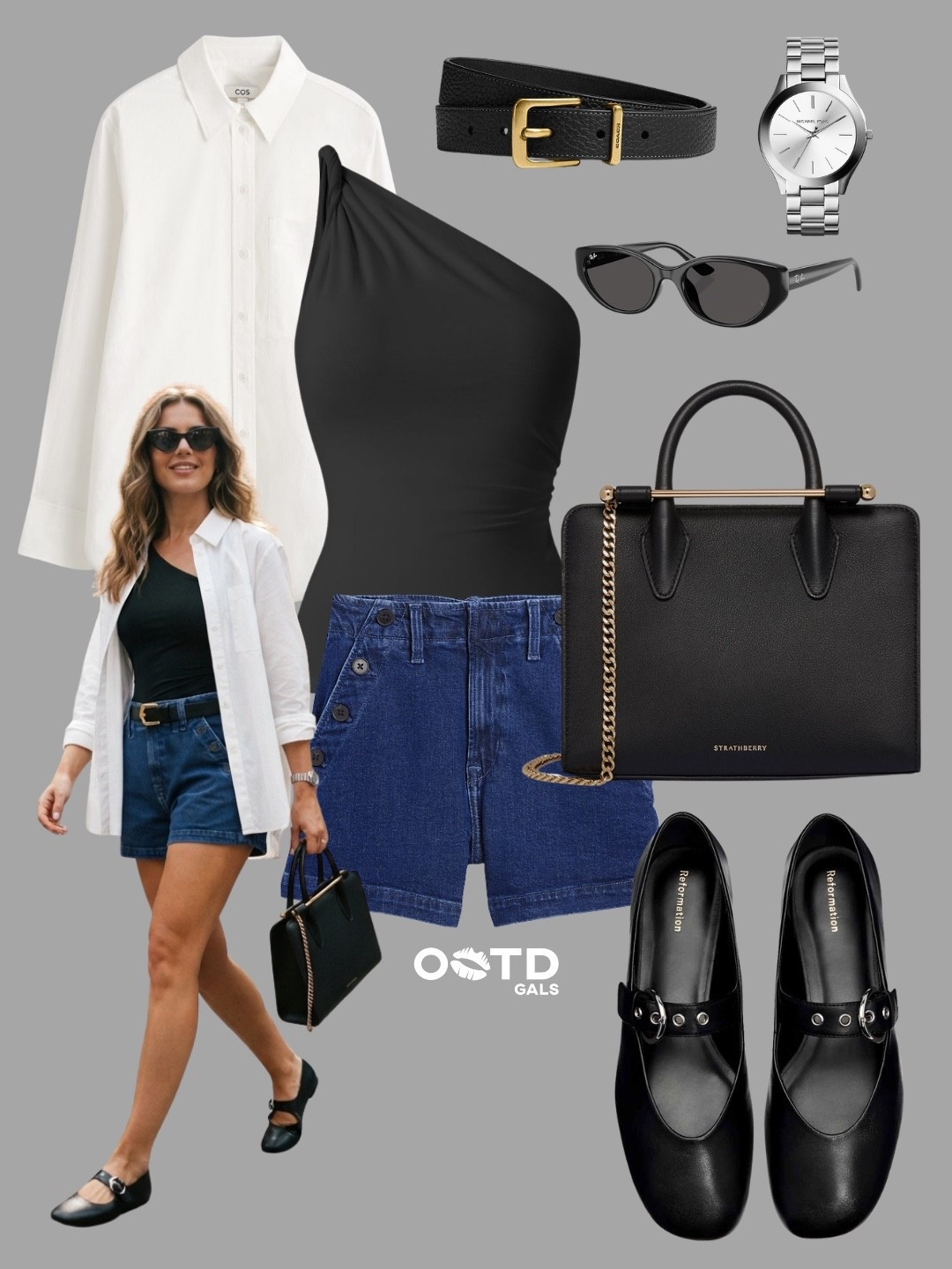 White button-down and denim shorts outfit 🤍🖤

A classic and effortless layered look for summer. Styling this crisp white button-down shirt worn unbuttoned with rolled sleeves over a sleek black one-shoulder top creates a perfect everyday balance. The sailor-style denim shorts, black Mary Jane flats, and structured top-handle bag give this casual outfit a polished, refined finish.

Style Details:
• White long-sleeve button-down shirt
• Black fitted one-shoulder top
• Blue denim shorts with exposed button details
• Black leather Mary Jane flats
• Black structured handbag with gold hardware
• Black leather belt with gold buckle
• Black cat-eye sunglasses
• Silver link watch

Recreate this classic summer style with the similar links below!

Are you a fan of the Mary Jane flats trend? Let me know below! 👇

#LTKFashionMonth #LTKeurope #LTKsummer
