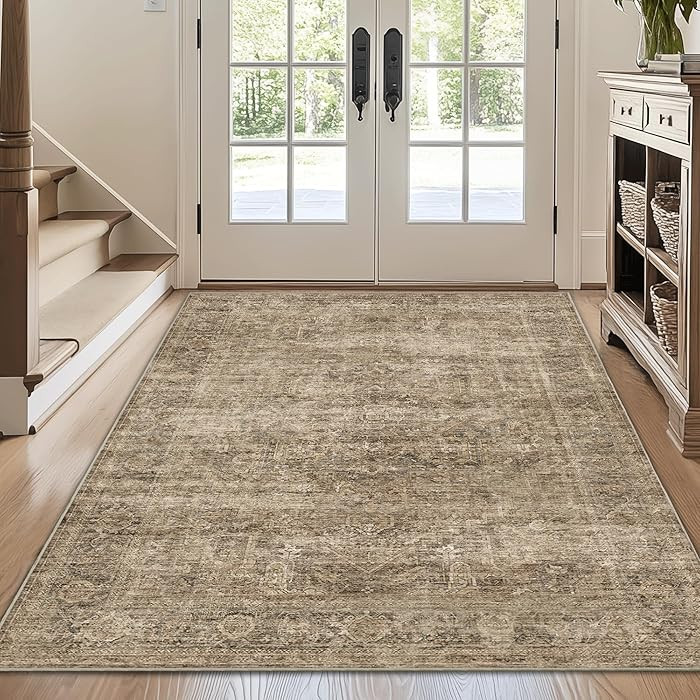 FMFUNCTEX 4x6 Washable Area Rug Neutral Vintage Brown Distressed Non Slip Low Pile Traditional In... | Amazon (US)