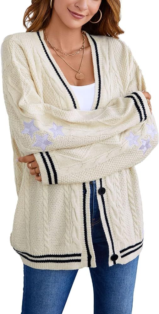 FindThy Women’s Star Embroidery Knit Cardigan Long Sleeve Button Down Sweater Open Front V Neck... | Amazon (US)