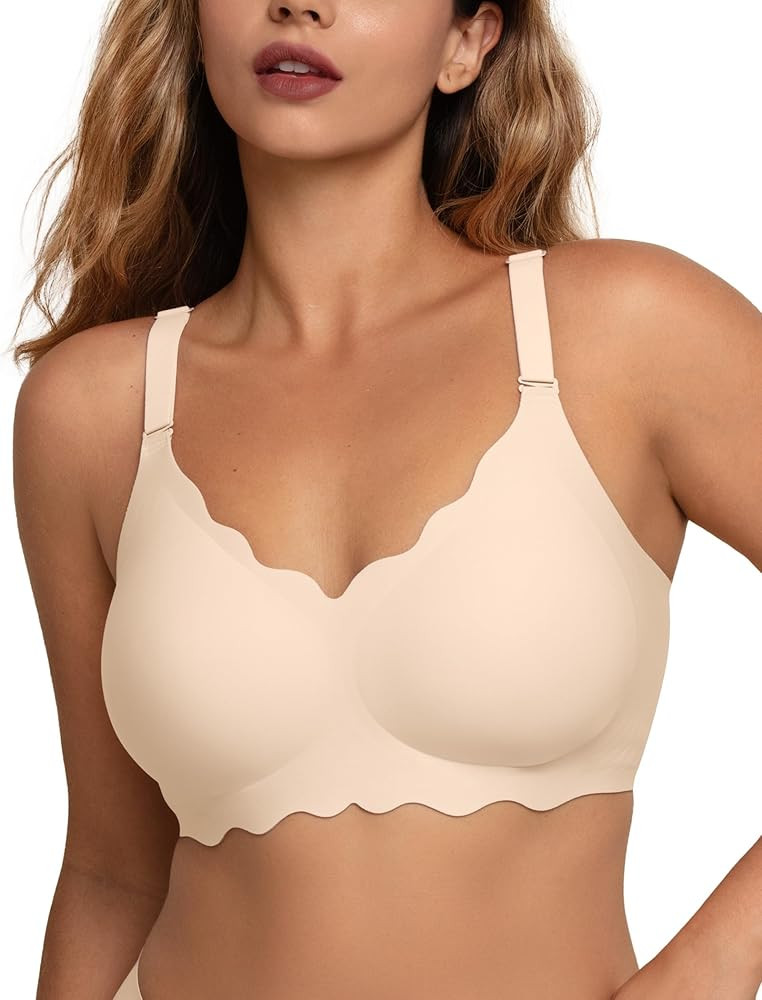 Seamless Wireless T‑Shirt Bra Woman No Underwire Full Coverage Deep V Neck U‑Shape Back Lace ... | Amazon (US)