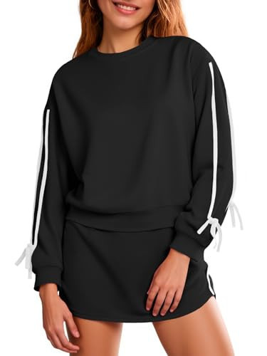 Fisoew Womens 2 Piece Outfits Casual Crewneck Tie Sweatshirt High Waisted Running Skort Skirts Workout Tracksuit Sets | Amazon (US)