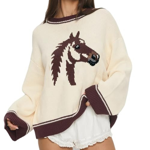 Women Y2K Graphic Oversized Sweater Horse Print Crew Neck Long Sleeve Knit Pullover Top Trendy Loose Fit Streetwear Khaki | Amazon (US)
