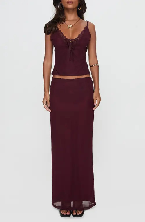 Princess Polly Reiko Lace Trim Mesh Camisole & Maxi Skirt Set in Burgundy at Nordstrom, Size 8 | Nordstrom