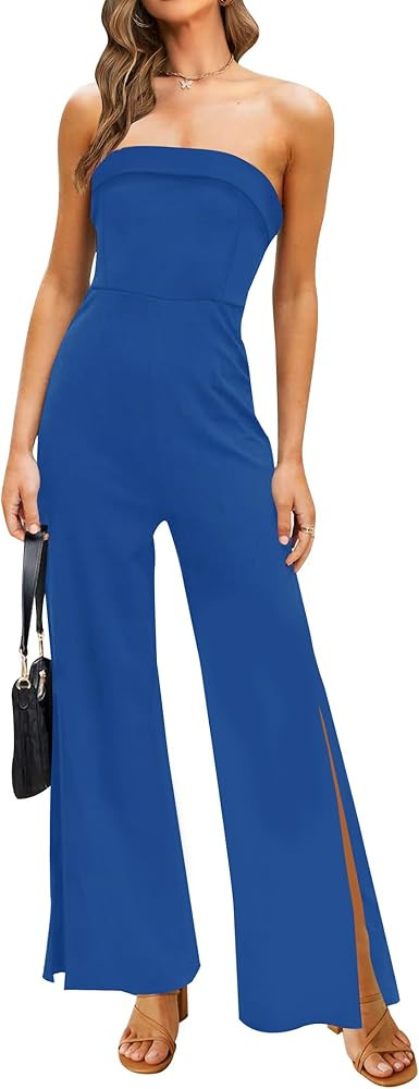 Amazon.com: ZESICA Women's 2024 Strapless Jumpsuit Casual Off Shoulder High Waist Wide Leg Side S... | Amazon (US)