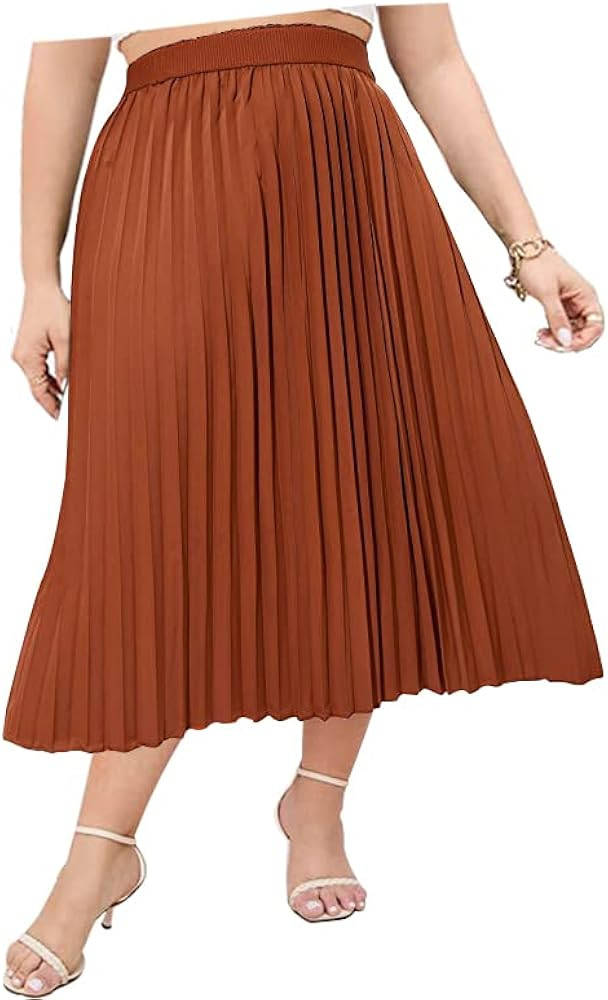KOJOOIN Plus Size Women's Pleated Skirt Elastic Waist Scarf Print Midi Skirt | Amazon (US)