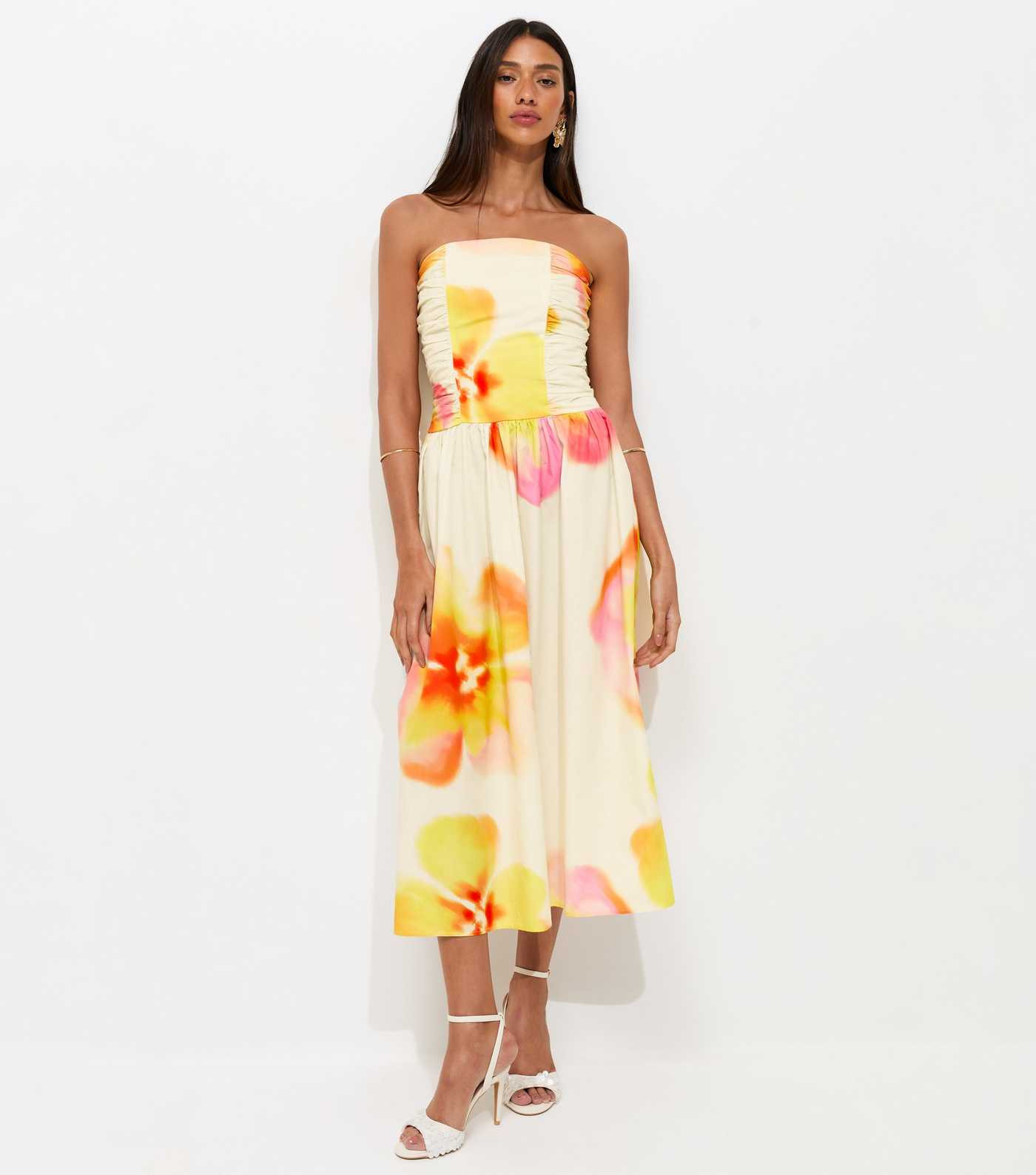 Cream Lotus Print Ruched Bandeau Midi Dress | New Look | New Look (UK)