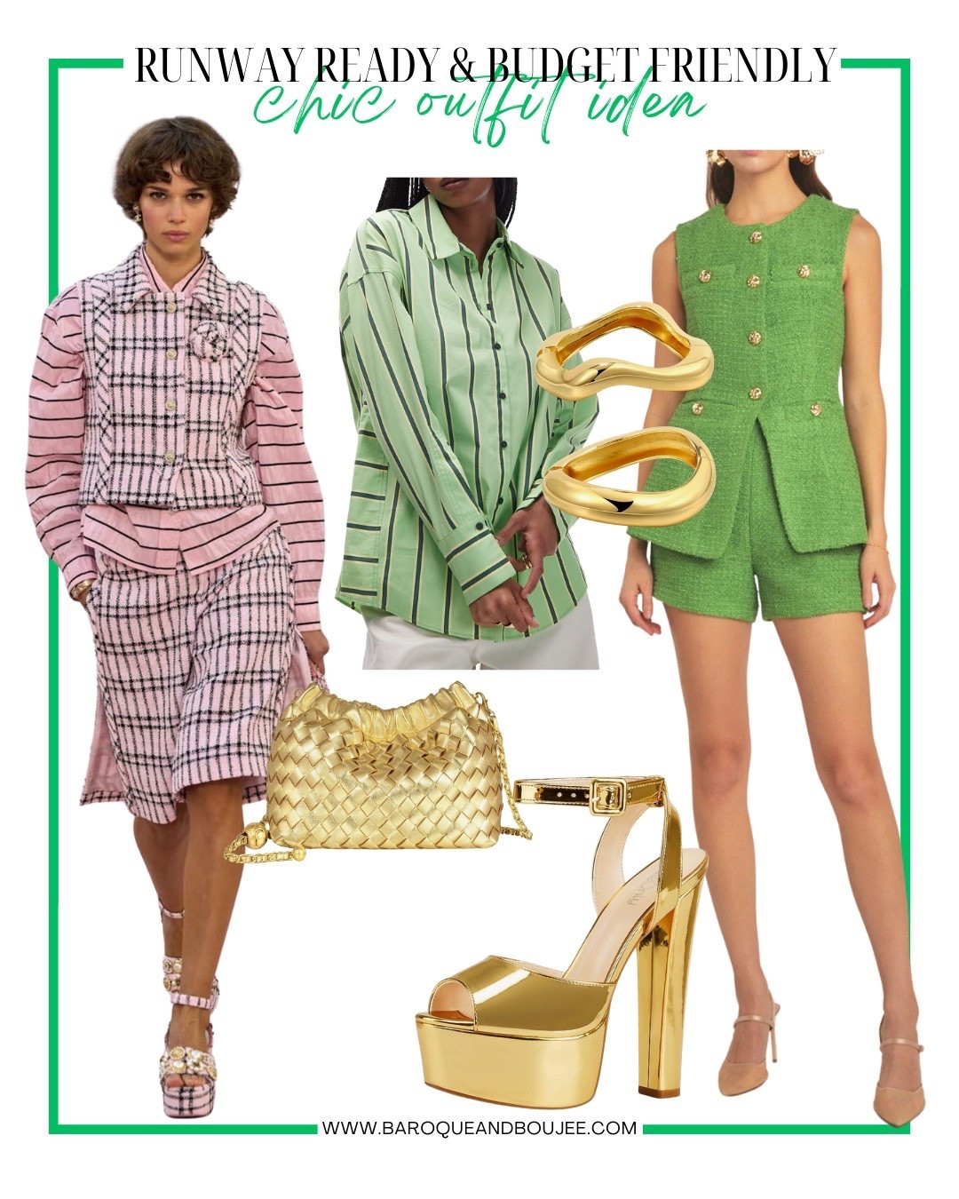 Tweed Vest and Shorts co-ord set with a striped long sleeve button down top is perfect for brunch, lunch or any outing where you want to look effortlessly chic. 

Chic outfit ideas, trendy outfit, easy outfits ideas, feminine outfit ideas, green, gold pumps, woven gold bag

#LTKStyleTip #LTKSaleAlert #LTKFindsUnder100