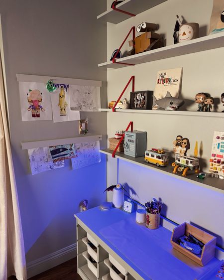 arlos little bedroom corner — magnetic strips for a rotating art gallery, lego switch plate, led strip light to make early morning building easier and you can make it every color too!! 

#LTKkids #LTKfamily #LTKhome