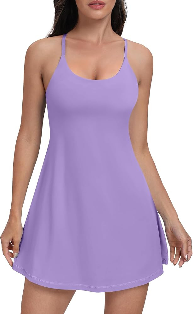 Women Workout Tennis Dress with Built-in Bra Shorts, Adjustable Cross Shoulder Straps with Pocket... | Amazon (US)