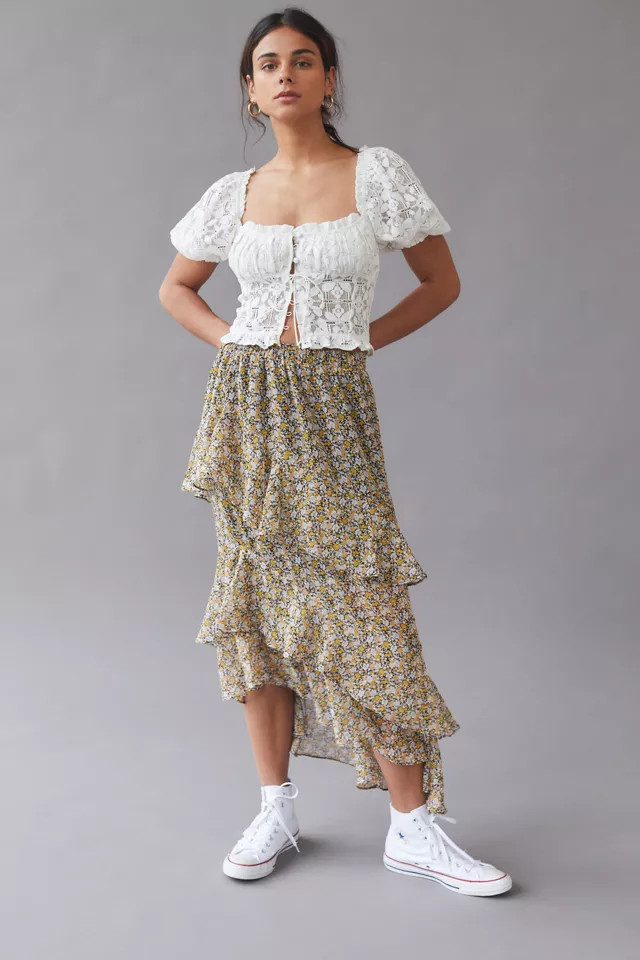 MINKPINK Nahla Tiered Midi Skirt | Urban Outfitters (US and RoW)