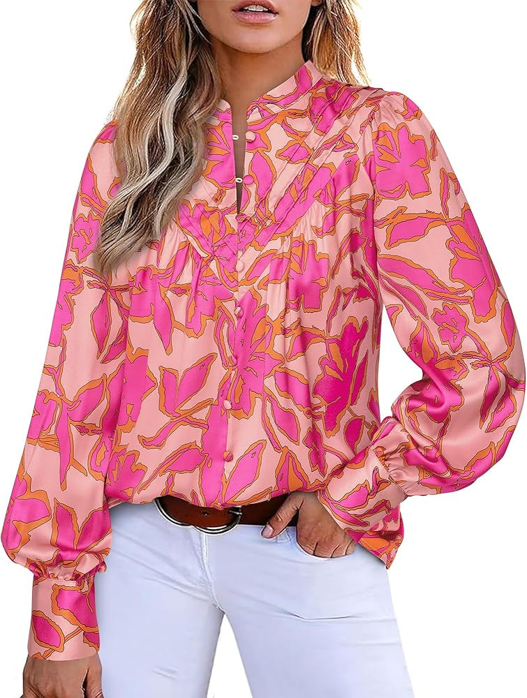 BTFBM Womens Tops Dressy Casual Fall 2025 Boho Floral V Neck Long Sleeve Half Button Down Shirt W... | Amazon (US)