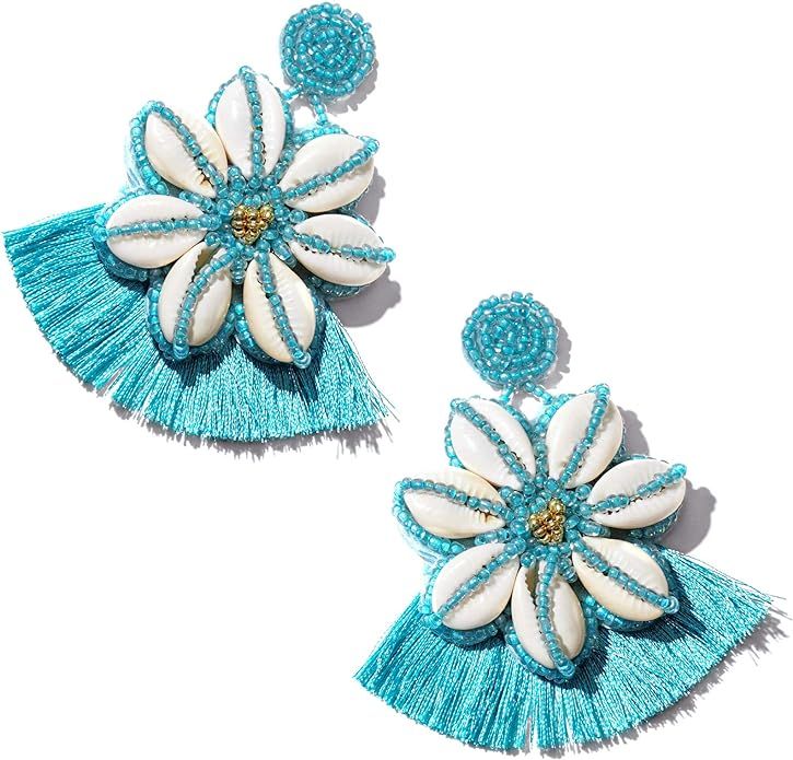 Tassel Beaded Earrings for Women Bohemian Handmade Big Seed Bead Shell Flower Evil Eye Dangle Sta... | Amazon (US)