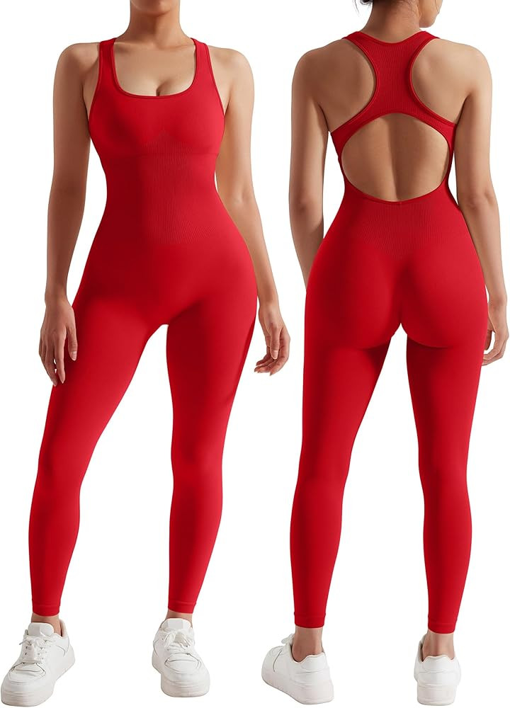 RXRXCOCO Women Backless One Piece Jumpsuits Sleeveless Scoop Neck Bodycon Romper Seamless Workout... | Amazon (US)