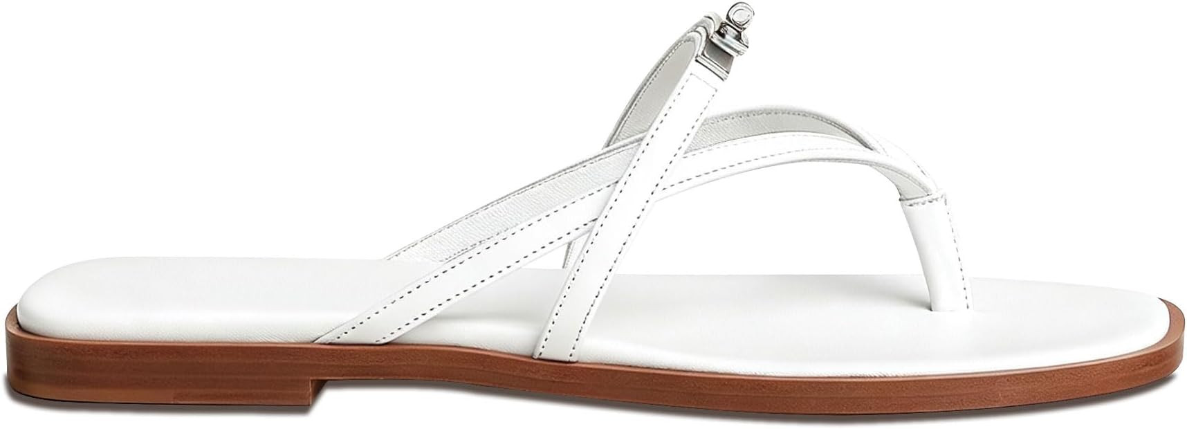 Women's Simple Flat Thong Sandals | Cowhide Leather | Metal Buckle Detail | Comfortable Square He... | Amazon (US)