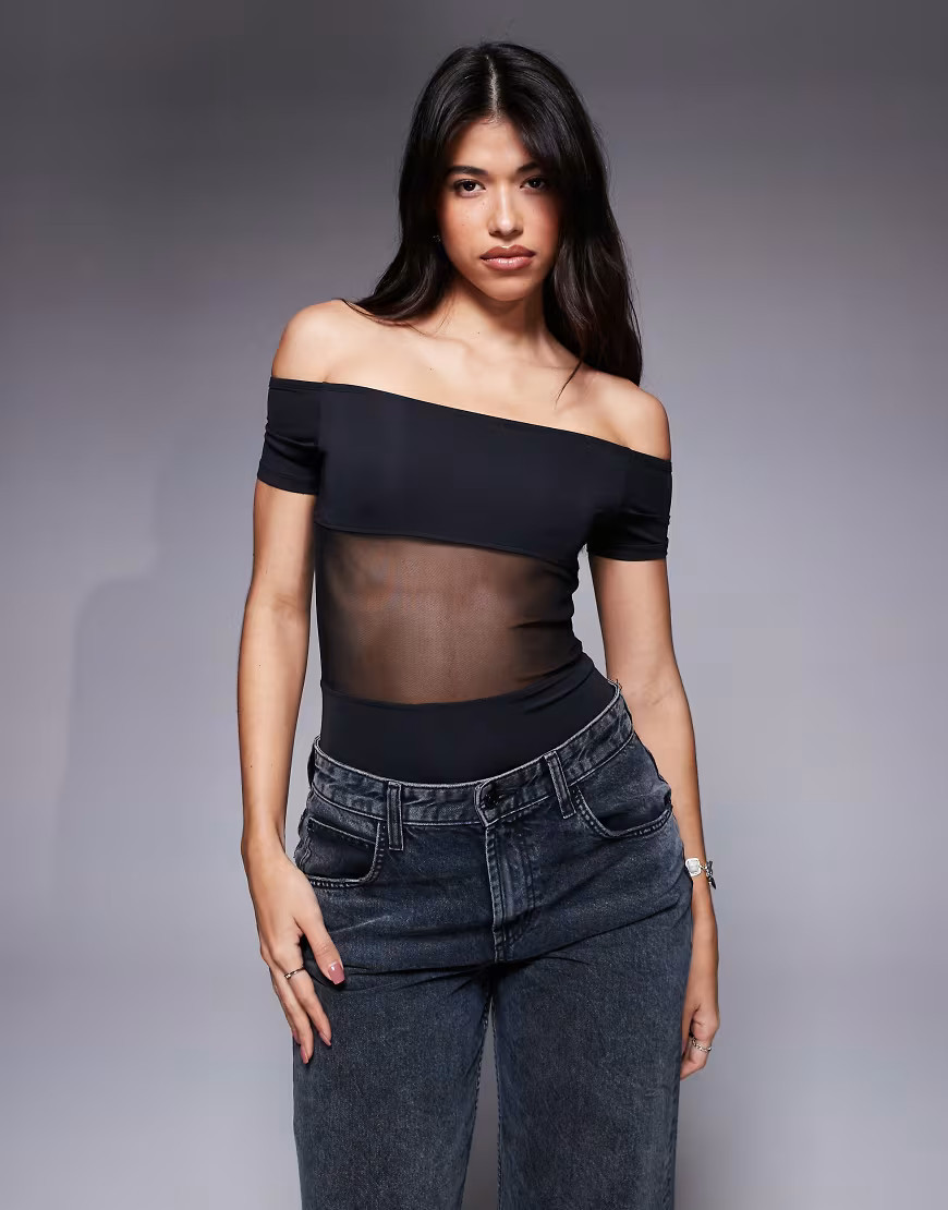 ASOS DESIGN off the shoulder slinky mesh panel bodysuit in black | ASOS (Global)