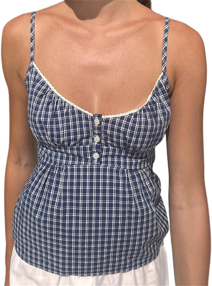 Mxiqqpltky Women Y2k Plaid Babydoll Tank Top Summer Spaghetti Strap Square Neck Ruffle Camisole C... | Amazon (US)