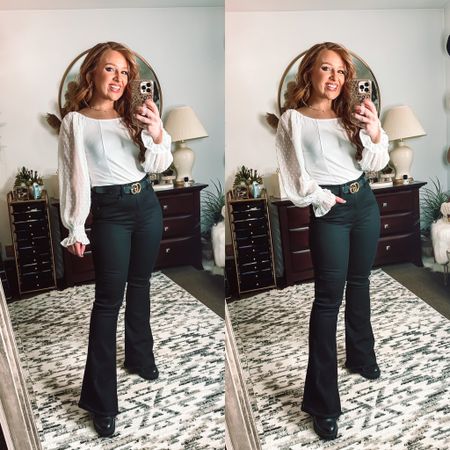 White sheer sleeve amazon top in size small 

Black flare jeans perfect for shorties ! Wearing a 28 

#LTKunder50 #LTKcurves #LTKstyletip