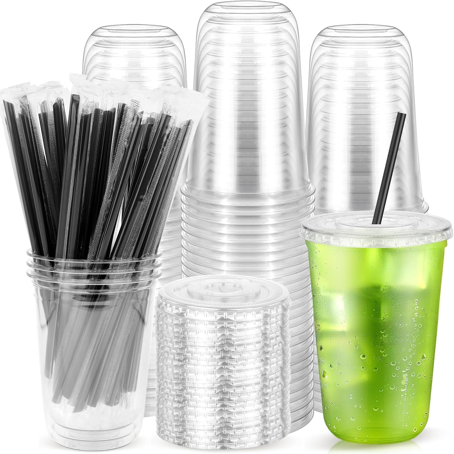 100 Pack 16 oz Disposable Plastic Cups with Flat Lids and Straws | Amazon (US)