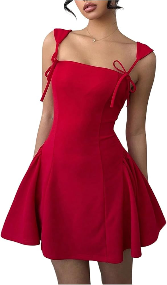 Milumia Women's Sexy Square Neck Sleeveless Mini Dress Bow Tie Ruffle A Line Short Party Dresses | Amazon (US)