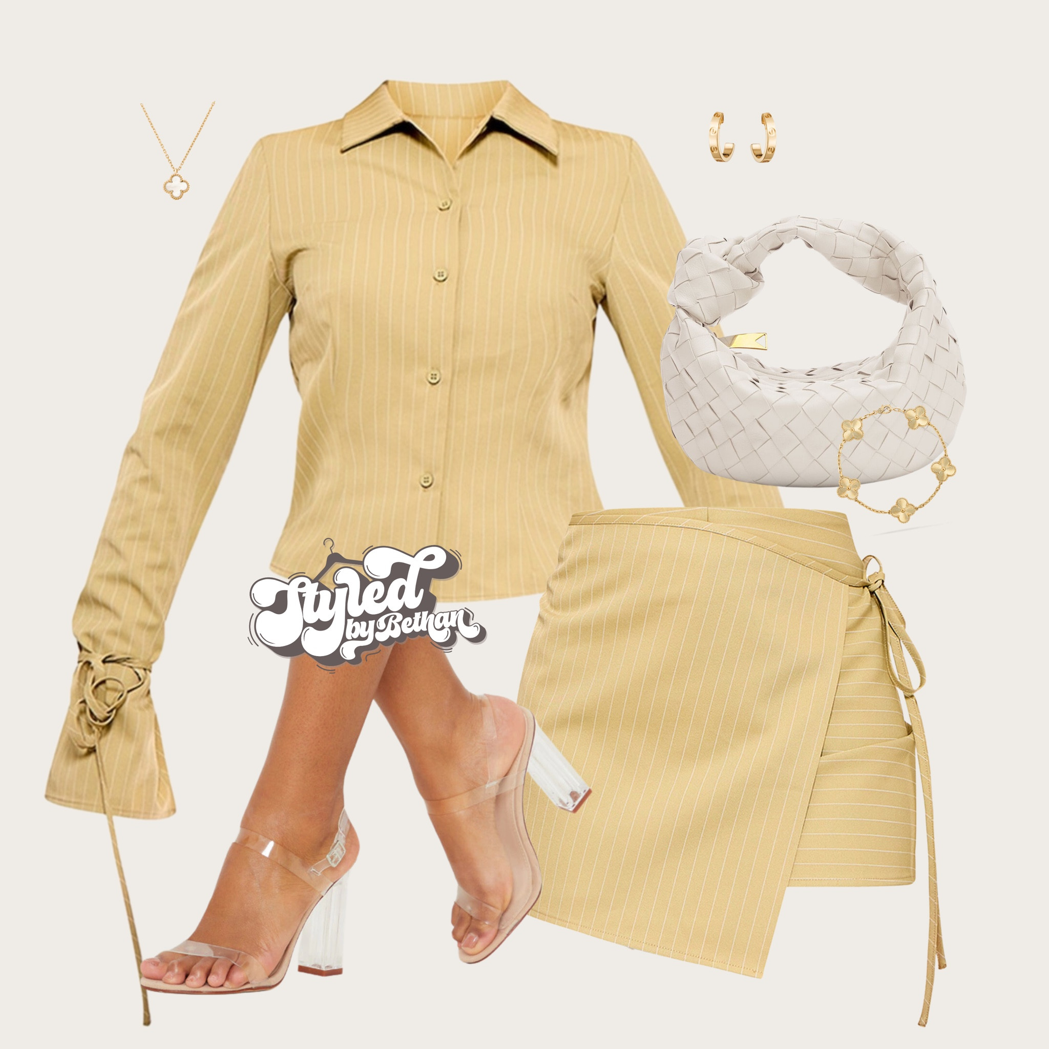 Classy vibes 🥂 tags: pretty little thing olive pinstripe shirt and matching mini skirt co ord, pretty little thing Perspex heels, botegga knot bag, Cartier gold earrings, van cleef motif gold bracelet, van cleef white and gold motif necklace. Classy old money outfit inspiration inspo for bottomless brunch, day drinks, day date. 

#LTKstyletip #LTKluxury #LTKshoes