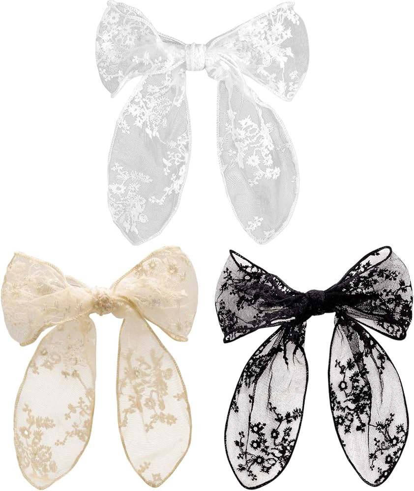 PAGOW 3PCS Lace Bow Hair Clips, Korean-Style Flower Hair-Bow Barrette Hair Accessories, Handmade ... | Amazon (US)