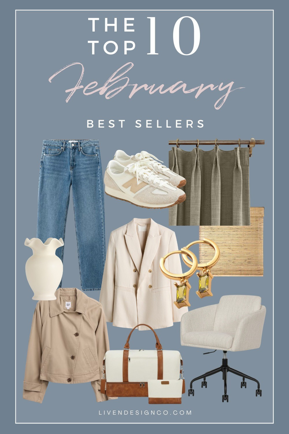 February bestselling items. Spring style. Home decor. Woven shade. Scalloped ruffled vase. Straight denim. New balance. Linen curtains. Window panels. Linen blazer. Cropped trench. Gemstone earrings. Swivel desk chair. Weekender bag

#LTKSeasonal #LTKHome #LTKSaleAlert