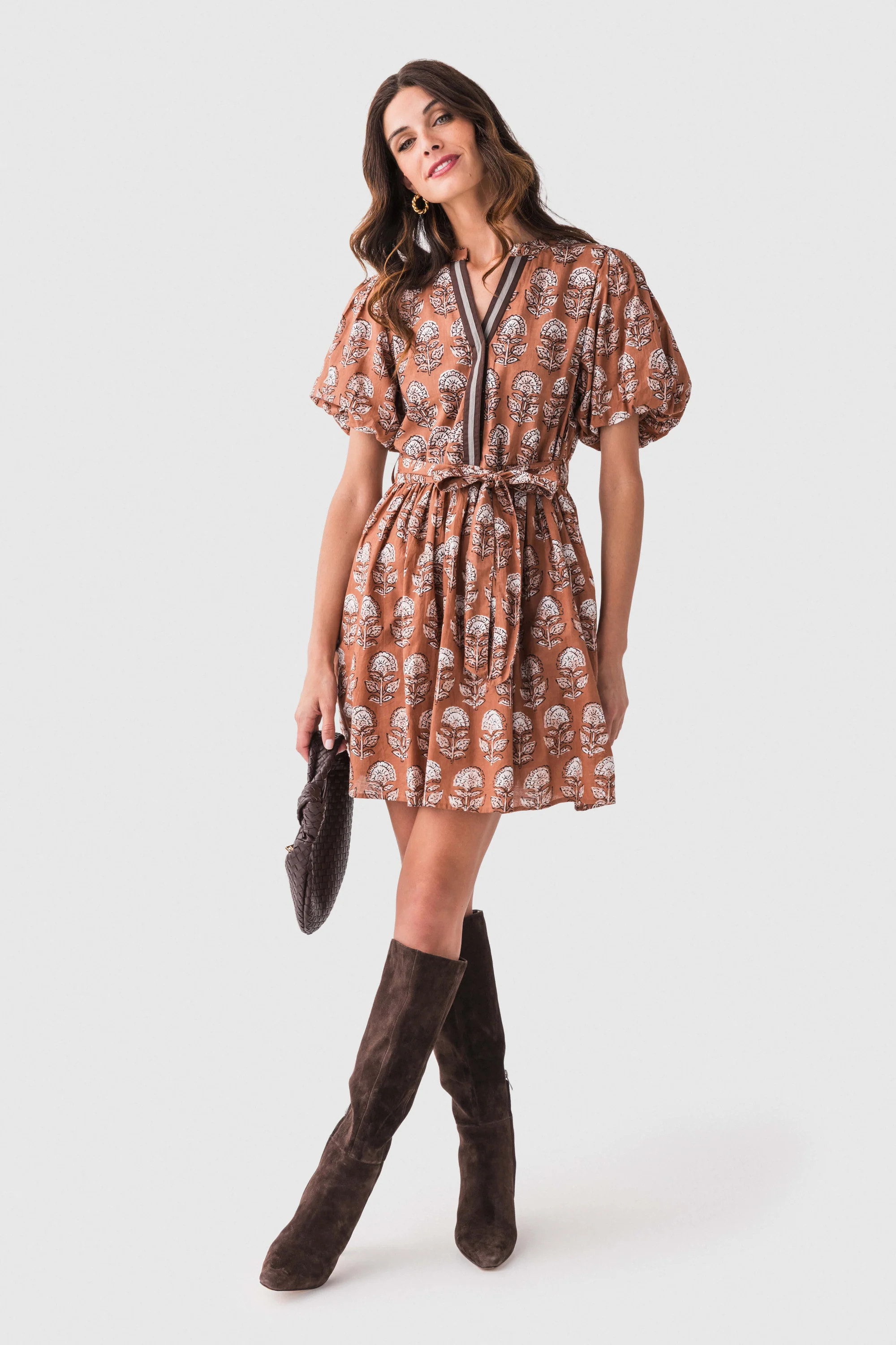 THML Block Print Tie Waist Puff Sleeve Dress | Social Threads