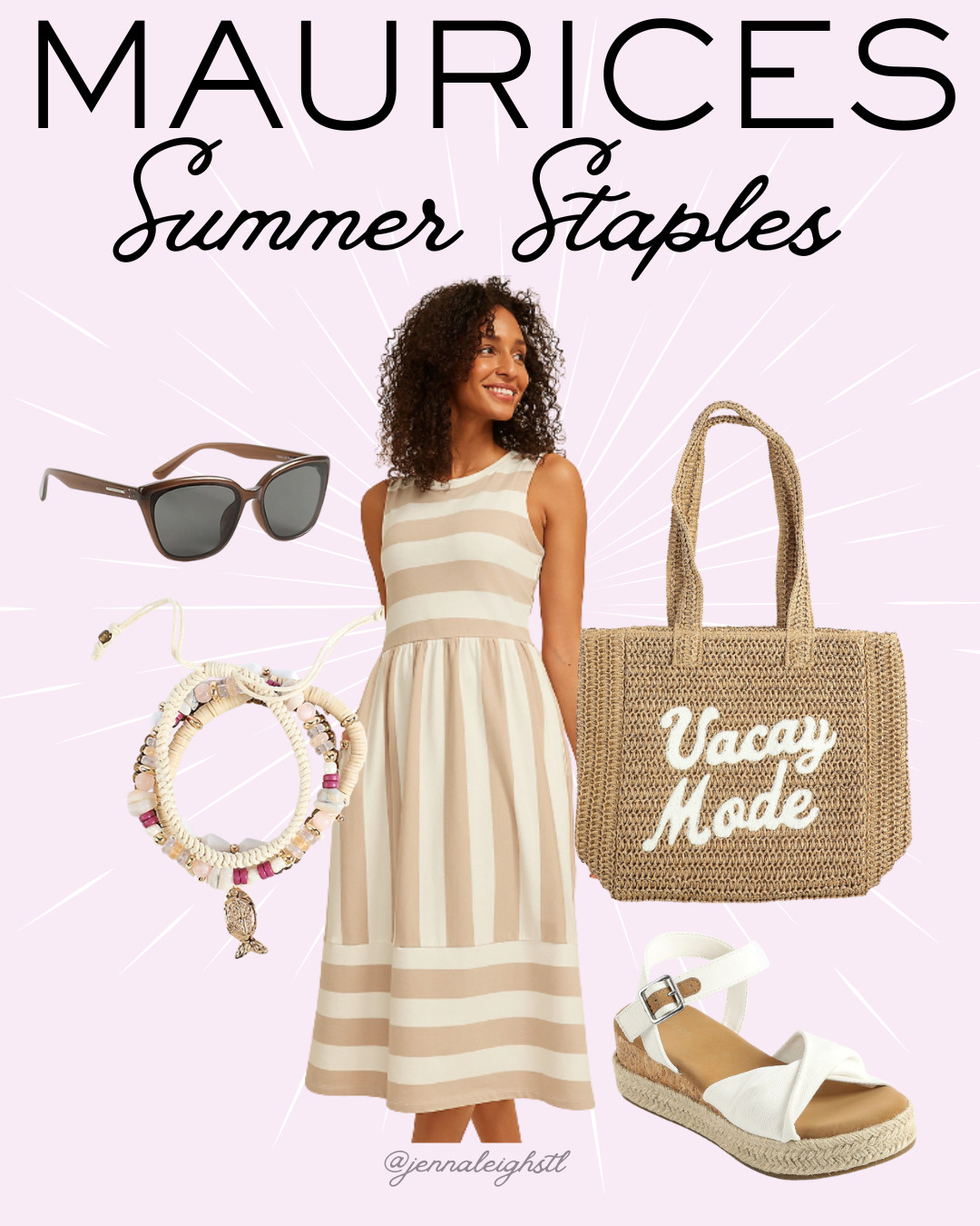 Summer staples from Maurices. A clean, classic striped dress paired with sandals, a beach bag, sunglasses, and fun bracelets for an easy warm weather look. ☀️ 

 #LTKootd #LTKSeasonal #LTKMidsize