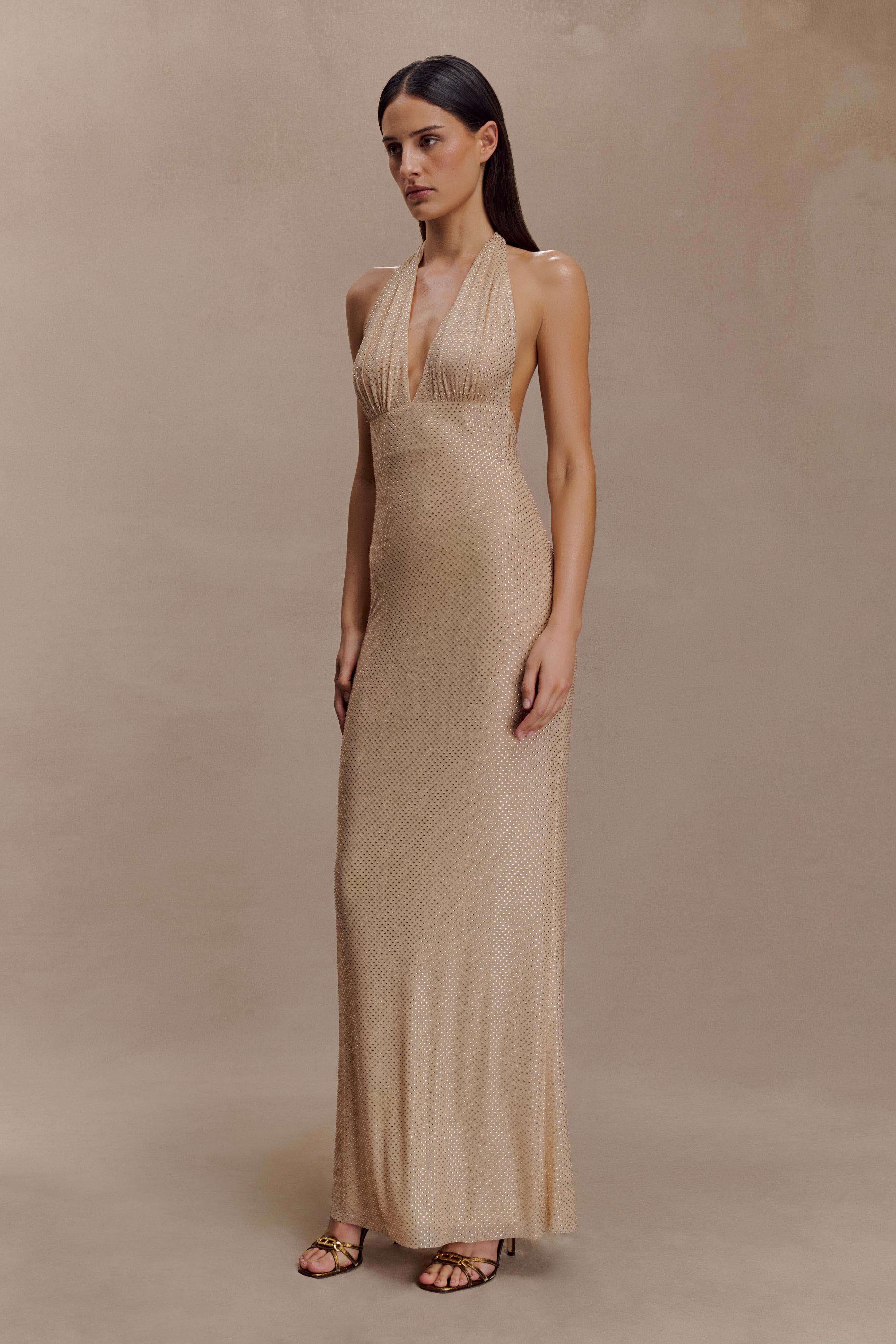 Harriet Halter Neck Diamante Maxi Dress - Sandy Gold | Meshki UK