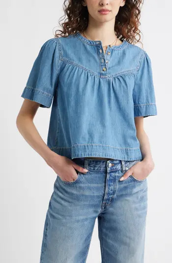 Treasure & Bond Shirred Short Sleeve Chambray Top | Nordstrom | Nordstrom