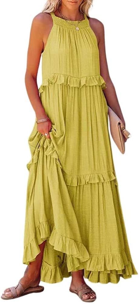 loveimgs Women's Summer Sleeveless Halter Neck Tiered Dress Flowy Ruffle Long Beach Maxi Dress Su... | Amazon (US)