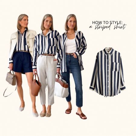 How to style: a striped shirt, 3 ways. I absolutely love this shirt for spring summer! It gives a look such a classic vibe for work or leisure 🥂 Wearing xs, size down if between sizes.

‼️Don’t forget to tap 🖤 to add this post to your favorites folder below and come back later to shop

Make sure to check out the size reviews/guides to pick the right size

Work outfit, striped linen shirt, navy shirt, workwear, raffia ballerinas, navy shorts, linen shorts, casual spring outfit, casual weekend look, linen trousers, tapered trousers, linen jacket, spring jacket