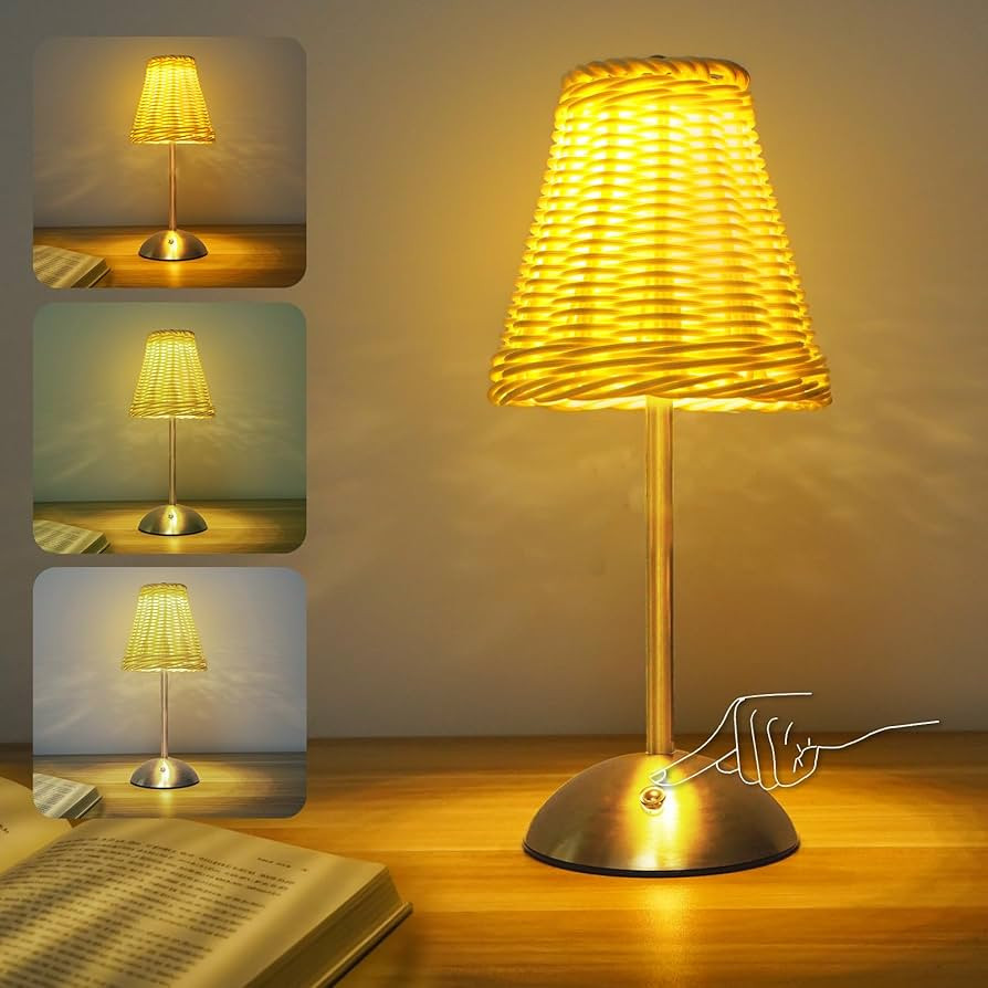 Boho Rattan Table Lamp, Cordless Wicker Woven Vintage Table Lamp - LED Rechargeable Touch Control... | Amazon (US)
