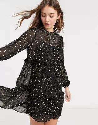 ASOS DESIGN tiered mini smock dress in black metallic star | ASOS (Global)