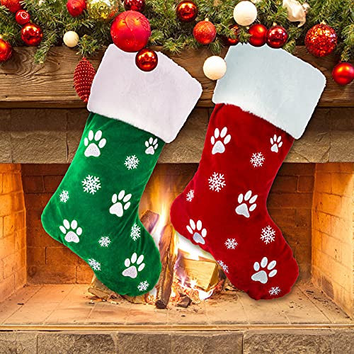 AnyDesign 2pcs Large Christmas Stockings 8.7 x 18.1inch Dog Paw Print Snowflake Pattern Hanging Stockings Red Green Christmas Decorations Gift Bag Hanging Ornament for Xmas Holiday Party Pet Home | Amazon (US)