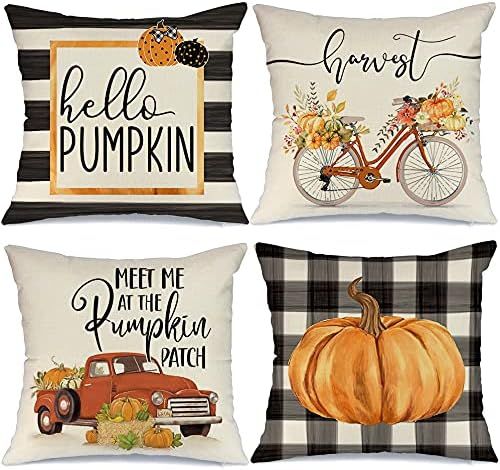 AENEY Fall Pillow Covers 18x18 Set of 4 Buffalo Check Plaid Stripes Pumpkin Truck Bicycle Outdoor... | Amazon (US)
