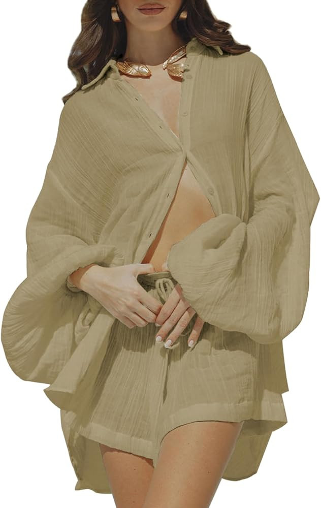 Fixmatti Women 2 Piece Outfits Summer Shorts Sets Lantern Sleeve Button Down Shirt and Shorts Swe... | Amazon (US)