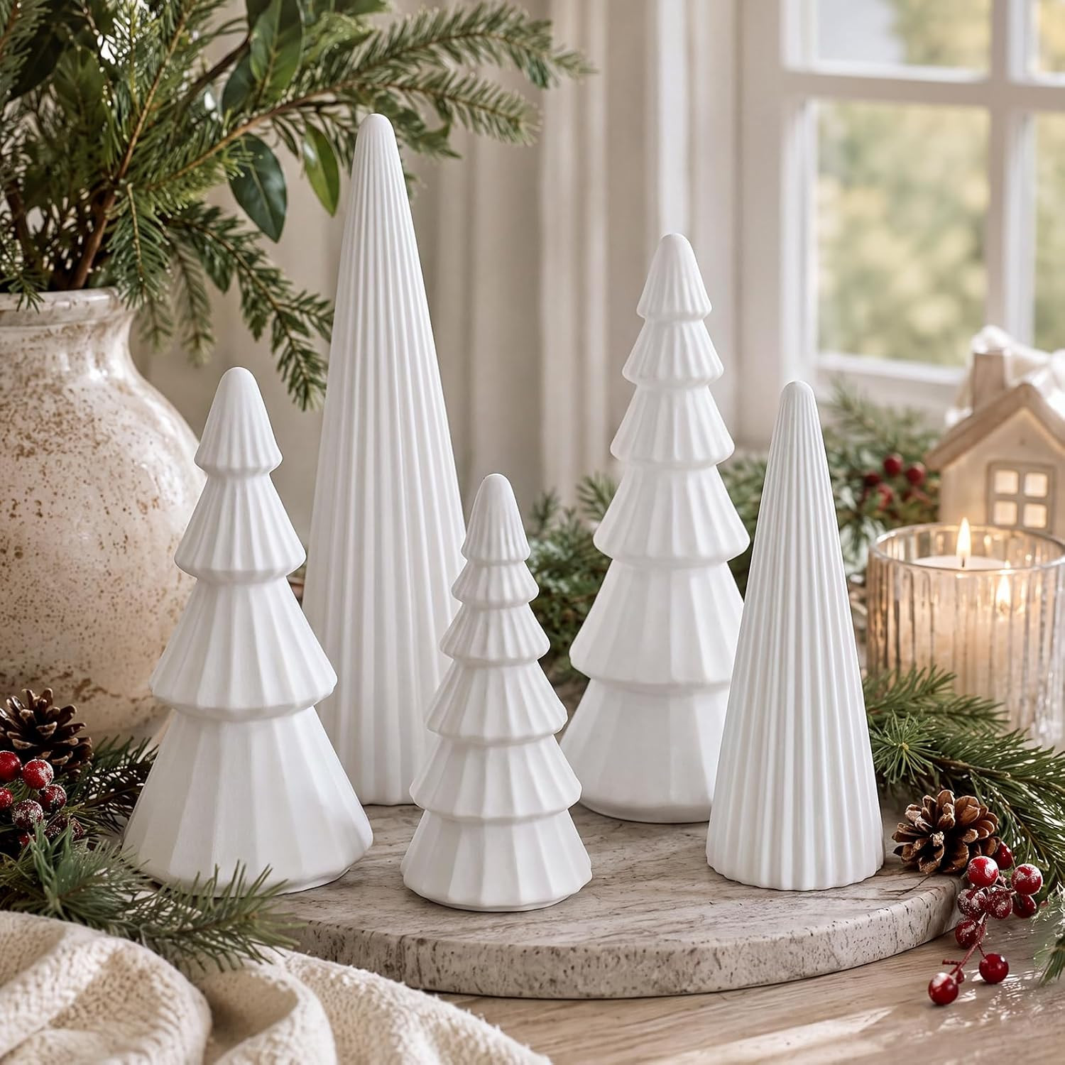 Leinuosen 5 Pcs Velvet Ceramic Christmas Tree Decor, Ceramic, White | Amazon (US)