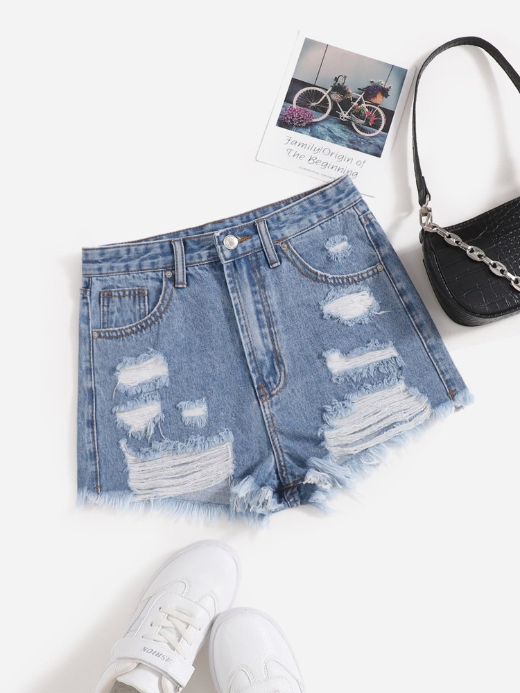 Raw Hem Distressed Denim Shorts | SHEIN