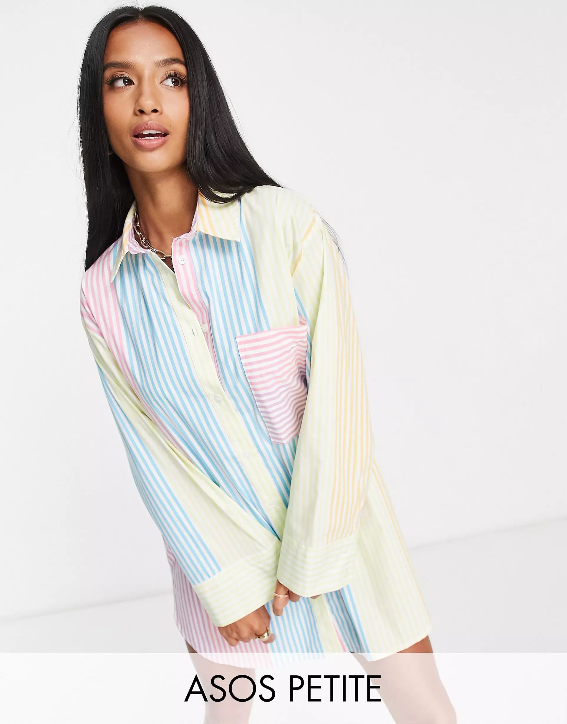 ASOS DESIGN Petite boyfriend cotton mini shirt dress in pastel stripe | ASOS (Global)