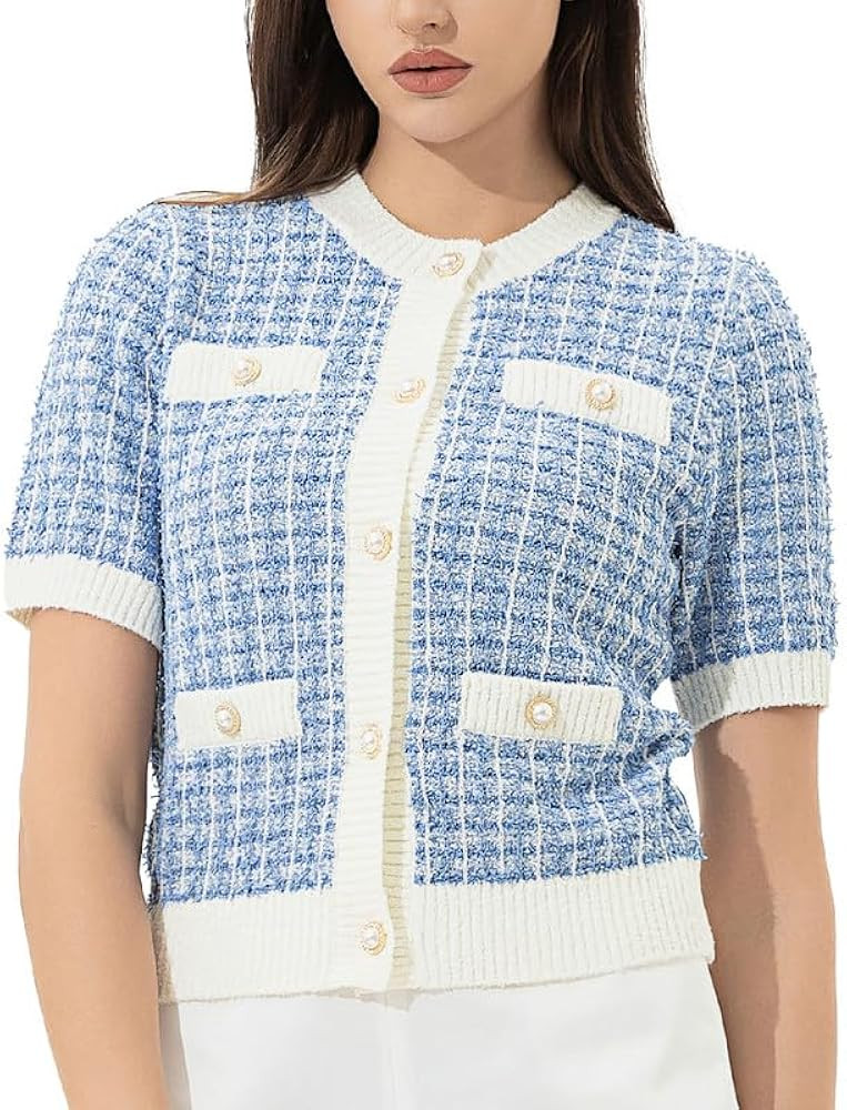 Women's Cardigans Crew Neck Fashion Pearl Button Down Short Sleeve Knit Open Front Outerwear Tops | Amazon (US)